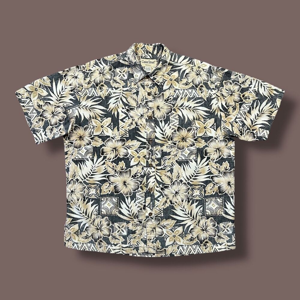 Vintage Hawaiian Shirt Floral Print Geometric Pattern 90s y2k Button Up Aloha